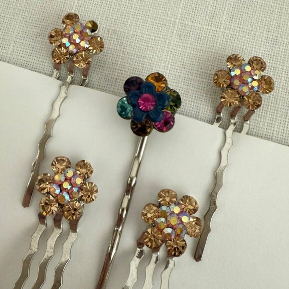 Rhinestone Flower Hair Jewelry Pins Set of 5 Multicolor Gold Floral Accessories - Picture 2 of 8